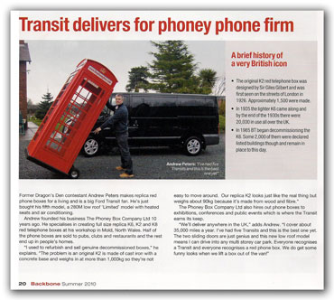Article - Transit delivers, with picture of the Transit van and Andrew Peters with a Phoney Box on a sack truck